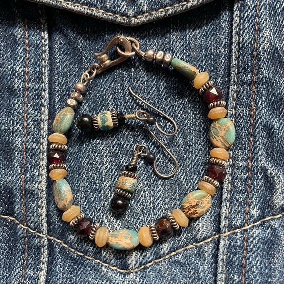 Artisanal Jewelry - Artisan Beaded Jewelry Set Jasper Garnet Bracelet Earrings Boho OOAK Handmade